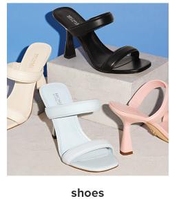 Assortment of heeled sandals in black, pink, blue and yellow. Shoes. 