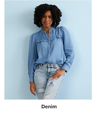 Image of woman in long-sleeved top and jeans. Shop Denim.