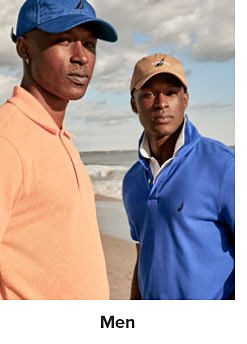 A man in a blue Nautica hat and orange shirt and a man in a brown Nautica hat and blue shirt. Shop men