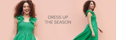 Two images of a woman wearing a green sundress. Dress up the season.