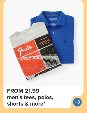 A blue polo and gray Fender tee. From 21.99 men's tees, polos, shorts and more.