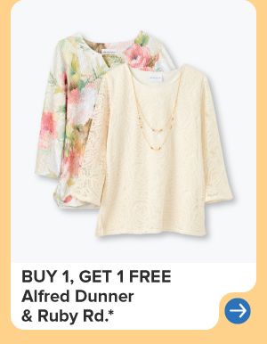 Beige and floral women's shirts. Buy one, get one free Ruby Rd. and Alfred Dunner.