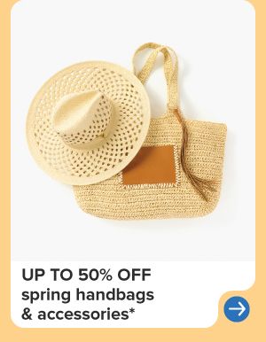 A straw hat and bag. Up to 50% off spring handbags and accessories.