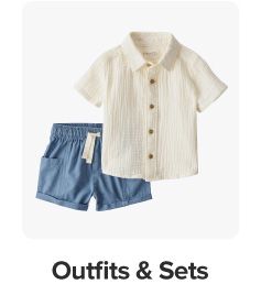 Shop outfits and sets. A white button down shirt and blue shorts for toddlers.