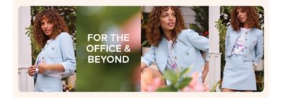 Image of a woman wearing a light blue jacket and matching skirt. For the office and beyond.