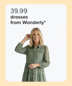 39.99 dresses from Wonderly. A woman in a dress.