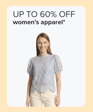 Up to 60% off women's apparel. A woman in a gray shirt.