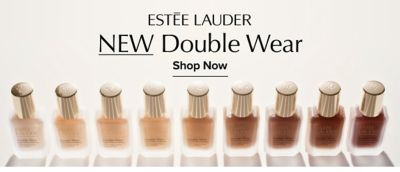 Estee Lauder logo. 25% off foundation. New double wear. Shop now. An image of foundation bottles. Now-3/15.