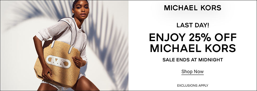 Image of a woman wearing a white shirt with shorts and holding a brown Michael Kors tot bag. Last day. Enjoy 25% off Michael Kors. Sale ends at midnight. Shop now. Exclusions apply.