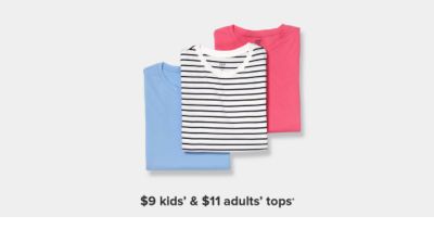 Assortment of shirts. $9 kids' and $11 adults' tops.