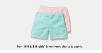 Pink and turquoise short. From $14 & $18 girls' and women's shorts and capris.