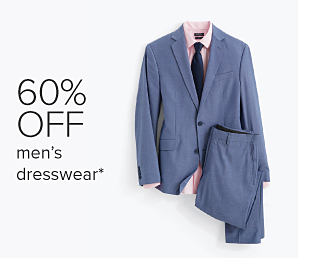 A blue men's suit and pink dress shirt. 60% off men's dresswear.