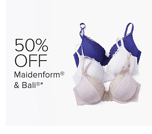 Blue, white and pink bras. 50% off Maidenform and Bali.