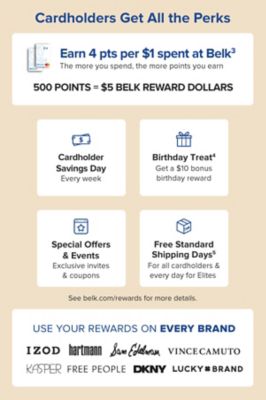 Cardholders get all the perks. Earn 4 pts per $1 spent at Belk. The more you spend the more points you earn. 500 points equals $5 Belk Reward Dollars. Cardholder Savings Day every week. Birthday Treat. Get a $10 bonus birthday reward. Special offers & events exclusive invites and coupons. Free standard shipping days for all cardholders and everyday Elites. See belk.com/rewards for more details. Use your rewards on every brand. IZOD. Hartmann. Sam Edelmon. Vince Camuto. Kasper. Free People. DKNY. Lucky Brand.