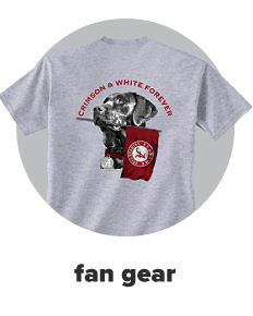 A light grey tee shirt with a graphic of University of Alabama flag in a dogs mouth and the words crimson and white forever. Fan gear. 