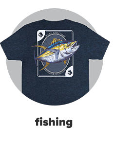 A navy blue tee witha graphic of a fish. Fishing. 