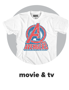 A white tee with a red and blue Avengers graphic. Movie and TV. 