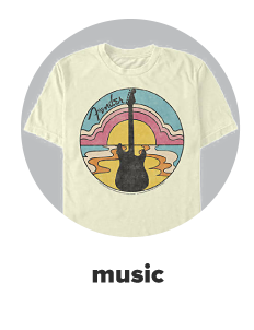 An off white tee with a graphic of a sunset and a guitar with the word Fender. Music. 
