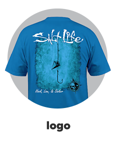 A blue tee with a Salt Life graphic and a fishing lore. Logo. 