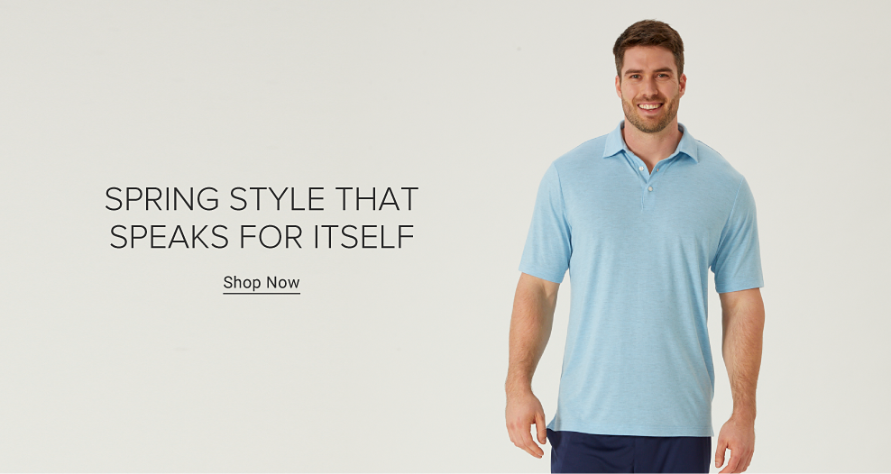 Man wearing a light blue polo. Spring style that speaks for itself. Shop now. 