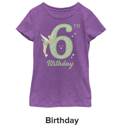 A purple tee shirt with a message that reads 6th birthday with a tinkerbelle graphic on front. Shop birthday.