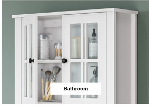 Image of a white cabinet with toiletries. Bathroom. 