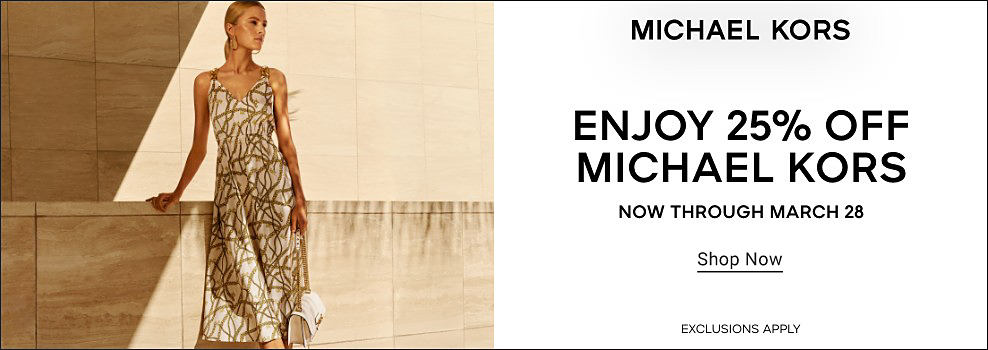 A woman in a patterned dress. Enjoy 25% off Michael Kors. Now through March 28th. Shop now. Exclusions apply.