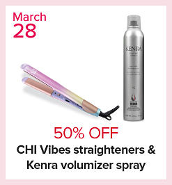 Image of a hair product. March 28. 50% off Kenra volumizer spray. 