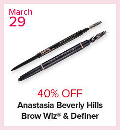 Image of eye brow products. March 29. 40% off Anastasia Beverly Hills brow wiz and definer. 