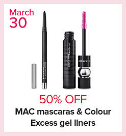 Image of various eye makeup. March 30. 50% off MAC mascaras and Colour Excess gel liners. 