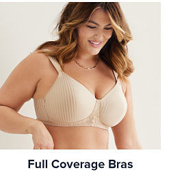 Image of a woman wearing a beige bra. Shop full coverage bra.