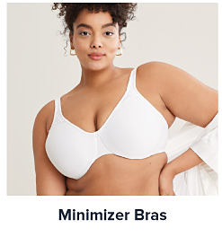Image of a woman wearing a white bra. Shop minimizer bras.