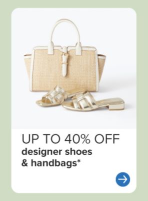 A tan handbag and silver shoes. Up to 40% off designer shoes and handbags.