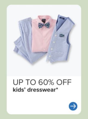 A pink boys dress shirt with a bow tie with light blue pants and vest. Up to 60% off kids' dresswear.