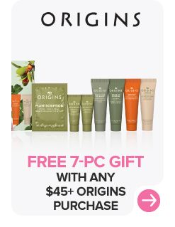 Origins logo. Free 7 piece gift with any $45 or more Origins purchase.