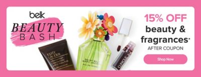 Image of assorted makeup, skincare and fragrances. Beauty Bash logo. 15% off beauty and fragrances after coupon. Shop now. 