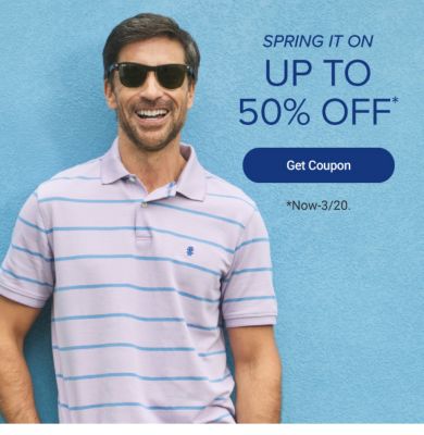 Spring it on. Up to 40% off. Get coupon. Image of an assortment of colorful sneakers. Now to March 20.