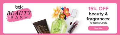 Beauty bash logo. Image of beauty products. 15% off beauty and fragrances after coupon. Shop now.