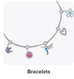 A charm bracelet with a variety of charms. Bracelets.