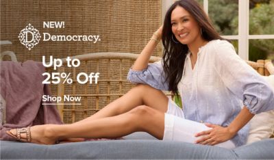 New! Democracy. Up to 25% off. Shop now. An image of a woman in a flowy top.