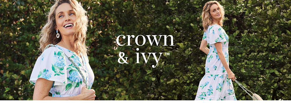 Image of a woman wearing a white floral dress. Crown and Ivy logo