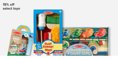 Melissa and Doug toys, including a bingo set, a fishing game and cleaning tools. 15% off select toys.
