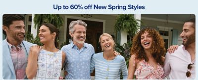 Up to 60% off new spring styles. An image of a group of people wearing spring apparel.