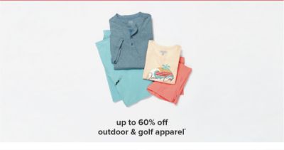 Assortment of pastel shirts. Up to 60% off outdoor and golf apparel.