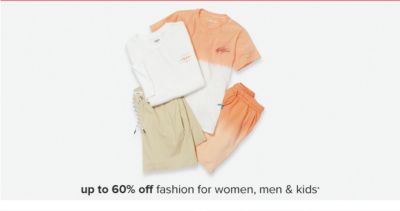 White shirt, orange tie-dye shirt and shorts. Up to 60% off fashion for women, men and kids.