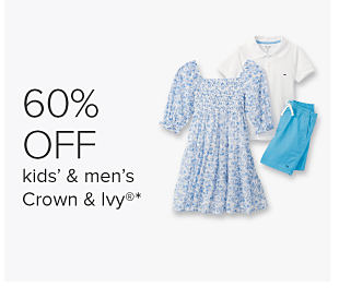 A girl's dress and a boy's white shirt and blue shorts. 60% off kids' and men's Crown and Ivy.