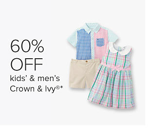 A girl's dress and a boy's dress shirt and shorts. 60% off kids' and men's Crown and Ivy.