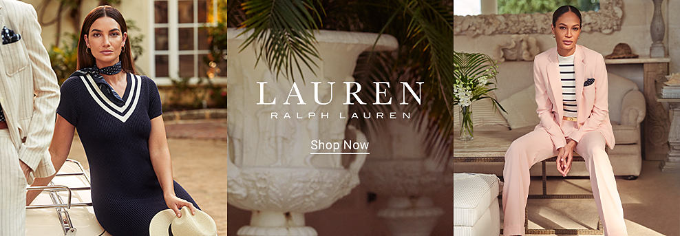 A woman in a blue dress. Lauren Ralph Lauren. Shop now. A woman in a pink suit.