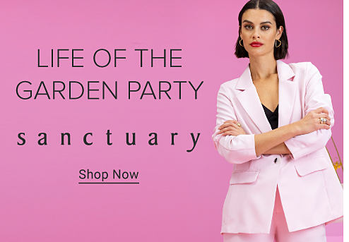 Life of the garden party. Sanctuary. Shop now. A woman in a light pink suit.