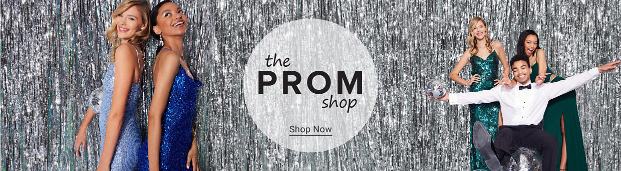 The prom shop. Image of young man and women in dresswear. Shop now